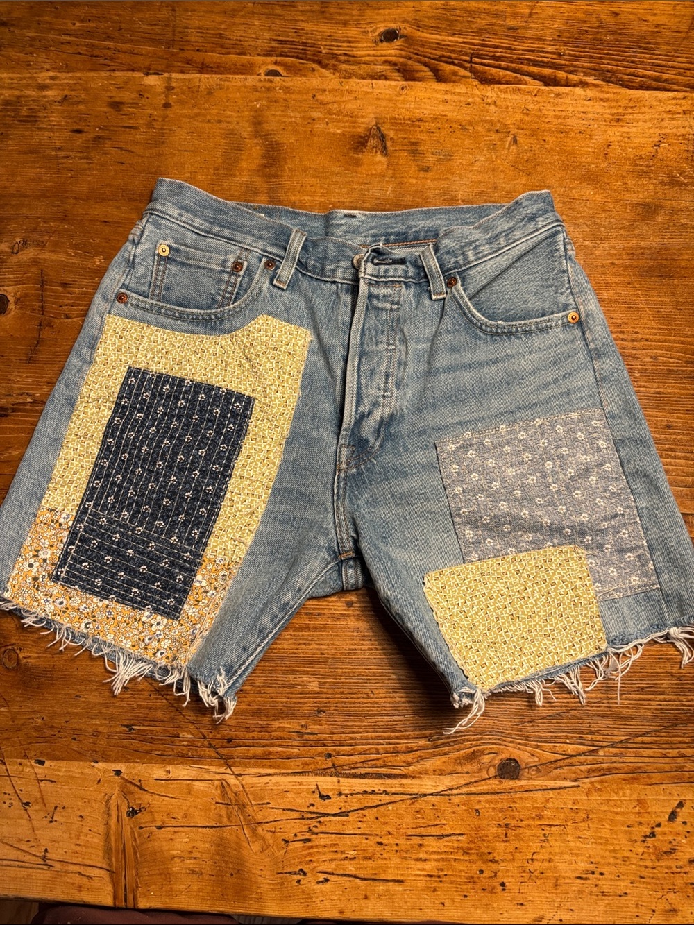 Levi's 501 '93 Cut Off Jean Shorts, featuring distinct sashiko patchwork detail